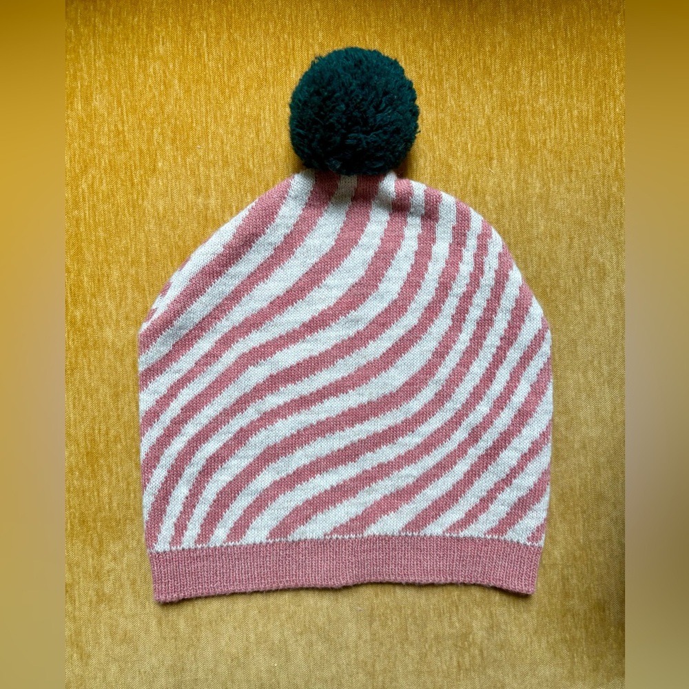 Bobo Choses Rose & Oatmeal Striped Beanie with Green Pom Pom